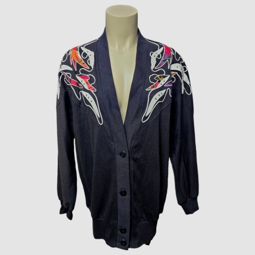 Vintage 80s Union Tag Accents by Joyce Womens Cardigan Black Granny Sz Med